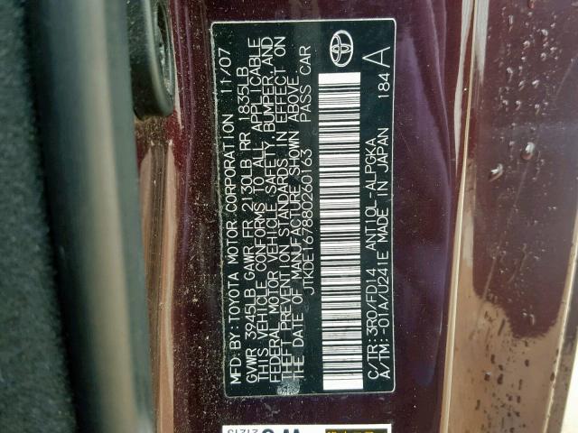 JTKDE167880260163 - 2008 TOYOTA SCION TC იასამნისფერი ფოტო 10