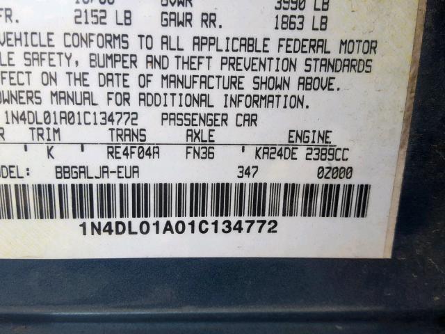 1N4DL01A01C134772 - 2001 NISSAN ALTIMA GXE BLUE photo 10