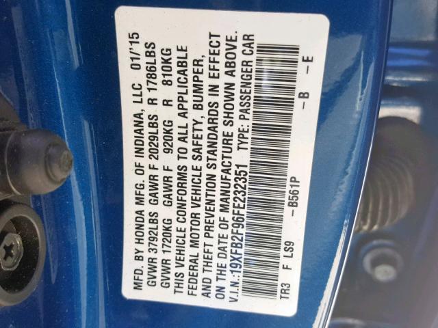 19XFB2F96FE232351 - 2015 HONDA CIVIC EXL BLUE photo 10