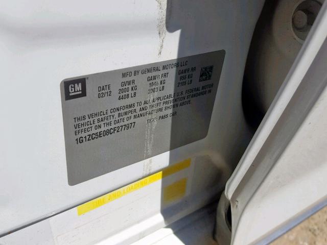 1G1ZC5E08CF277977 - 2012 CHEVROLET MALIBU 1LT 白色 照片 10