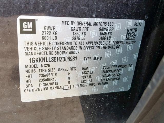 1GKKNLLS5HZ308981 - 2017 GMC ACADIA SLE GRAY photo 10