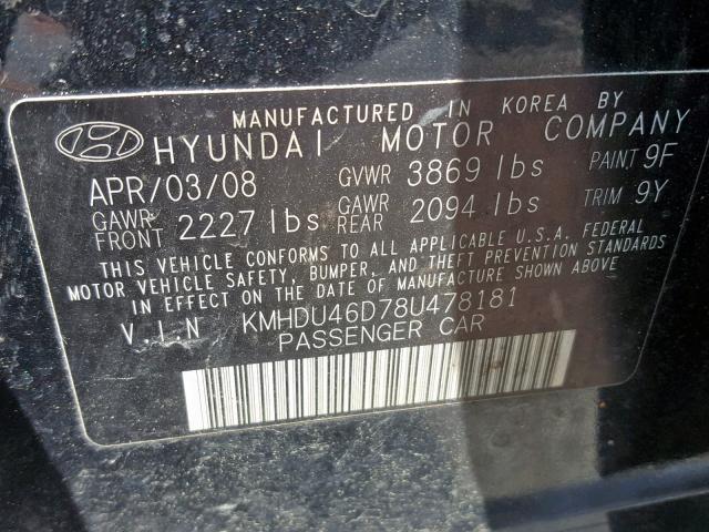 KMHDU46D78U478181 - 2008 HYUNDAI ELANTRA GL BLACK photo 10