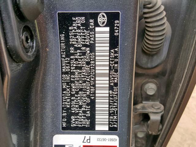 4T1BF1FK7CU128105 - 2012 TOYOTA CAMRY BASE GRAY photo 10