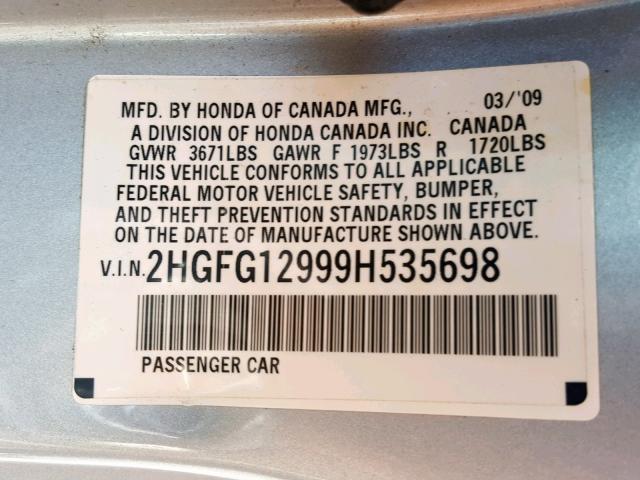 2HGFG12999H535698 - 2009 HONDA CIVIC EXL SILVER photo 10