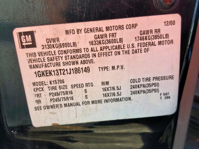 1GKEK13T21J186149 - 2001 GMC YUKON BLACK photo 10