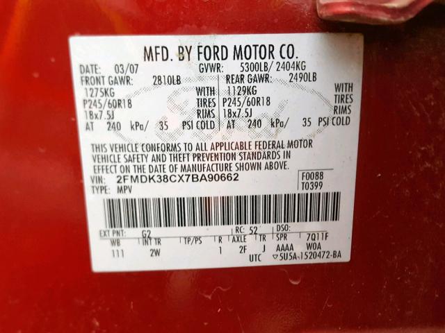 2FMDK38CX7BA90662 - 2007 FORD EDGE SEL BURGUNDY photo 10