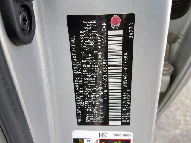 4T1BB46K09U069081 - 2009 TOYOTA CAMRY HYBR SILVER photo 10