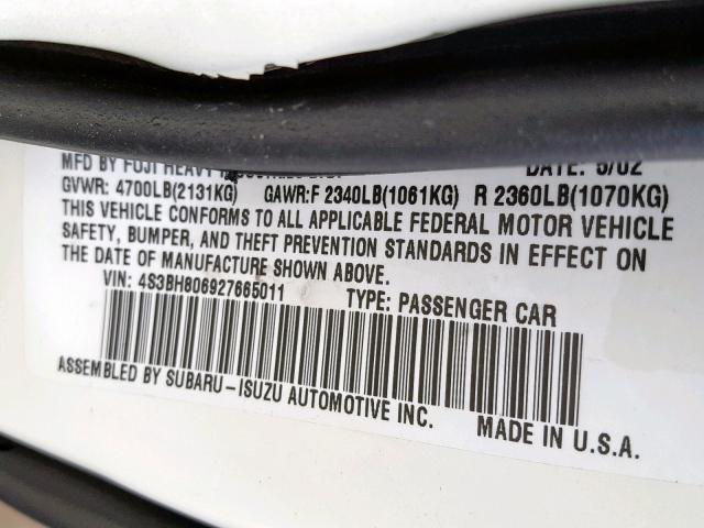 4S3BH806927665011 - 2002 SUBARU LEGACY OUT WHITE photo 10