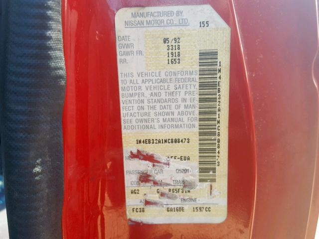 1N4EB32A1NC808473 - 1992 NISSAN SENTRA RED photo 10