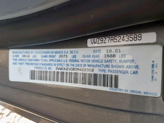 3VWCK21C82M422302 - 2002 VOLKSWAGEN NEW BEETLE ნაცრისფერი ფოტო 10