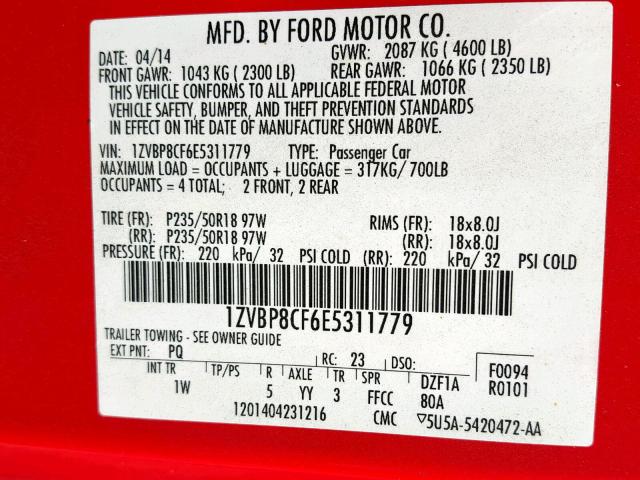 1ZVBP8CF6E5311779 - 2014 FORD MUSTANG GT RED photo 10