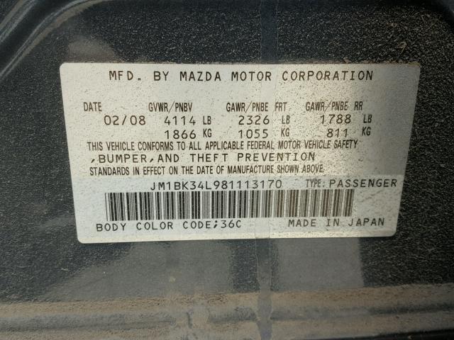 JM1BK34L981113170 - 2008 MAZDA SPEED 3 GRAY photo 10