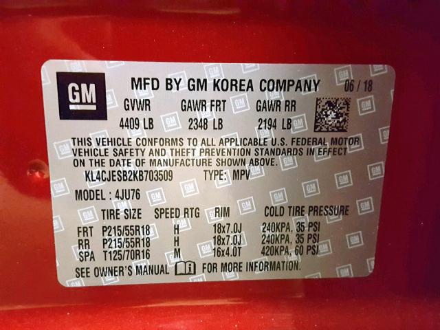 KL4CJESB2KB703509 - 2019 BUICK ENCORE PRE RED photo 10