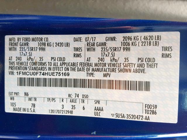 1FMCU0F74HUE75169 - 2017 FORD ESCAPE S BLUE photo 10