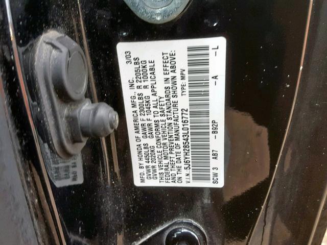 5J6YH28543L016772 - 2003 HONDA ELEMENT EX BLACK photo 10