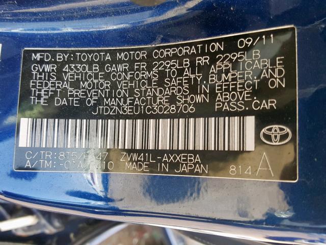 JTDZN3EU1C3028706 - 2012 TOYOTA PRIUS V BLUE photo 10