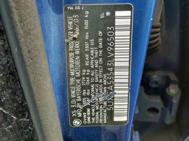 5UXFA53543LV96503 - 2003 BMW X5 3.0I BLUE photo 10