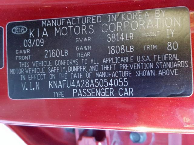 KNAFU4A28A5054055 - 2010 KIA FORTE EX RED photo 10