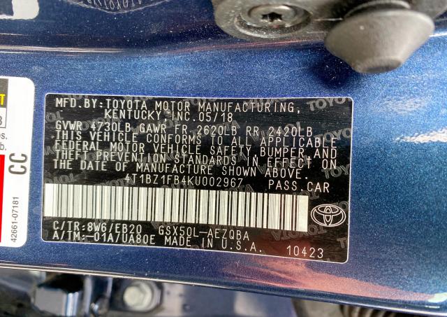 4T1BZ1FB4KU002967 - 2019 TOYOTA AVALON XLE  photo 10