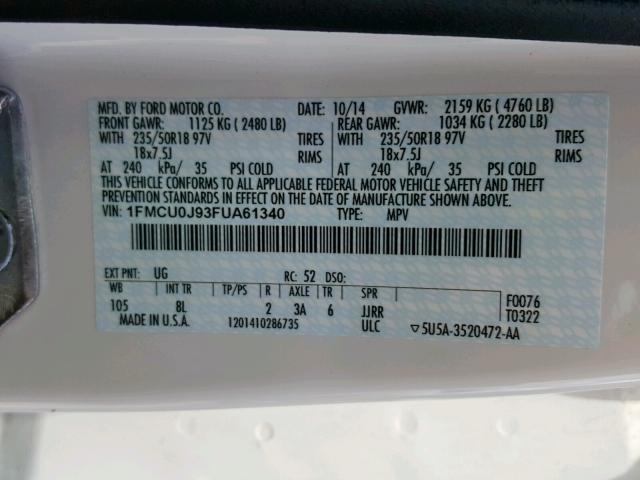 1FMCU0J93FUA61340 - 2015 FORD ESCAPE TIT WHITE photo 10