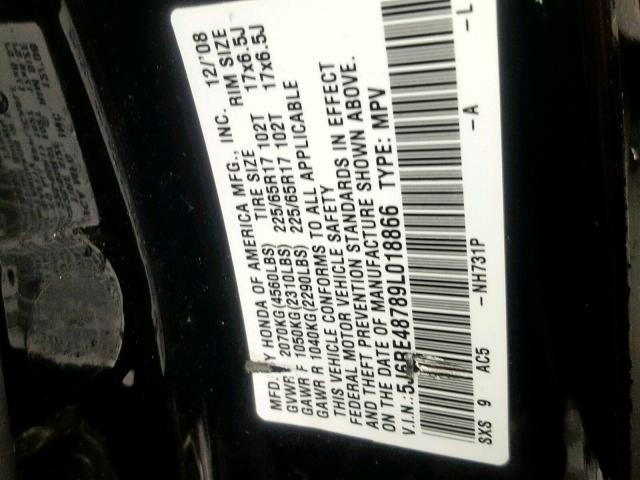 5J6RE48789L018866 - 2009 HONDA CR-V EXL BLACK photo 10