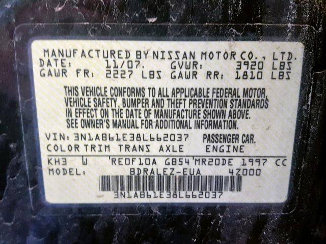 3N1AB61E38L662037 - 2008 NISSAN SENTRA 2.0 BLACK photo 10