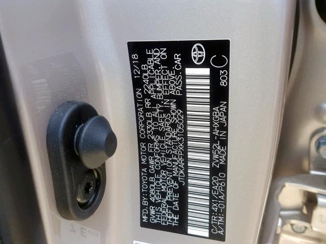 JTDKARFPXK3105029 - 2019 TOYOTA PRIUS PRIM 银色 照片 10