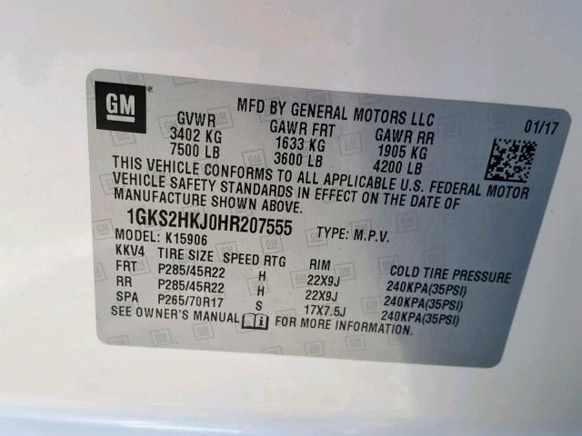 1GKS2HKJ0HR207555 - 2017 GMC YUKON XL D WHITE photo 10