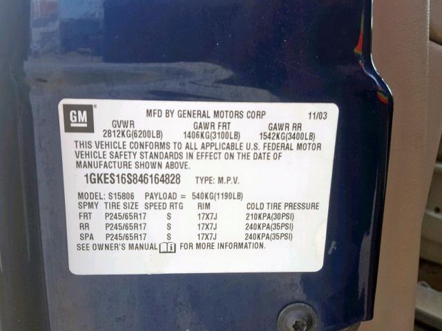 1GKES16S846164828 - 2004 GMC ENVOY XL BLUE photo 10