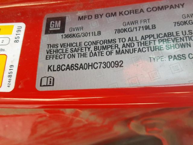 KL8CA6SA0HC730092 - 2017 CHEVROLET SPARK LS RED photo 10