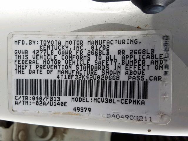 4T1BF32K42U020668 - 2002 TOYOTA CAMRY LE WHITE photo 10