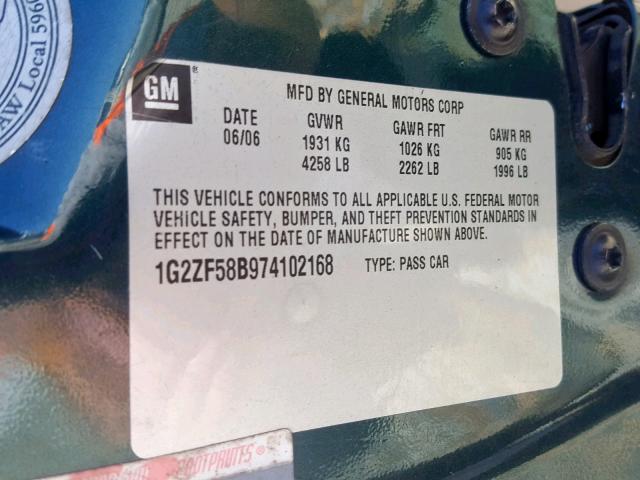 1G2ZF58B974102168 - 2007 PONTIAC G6 VALUE L GREEN photo 10