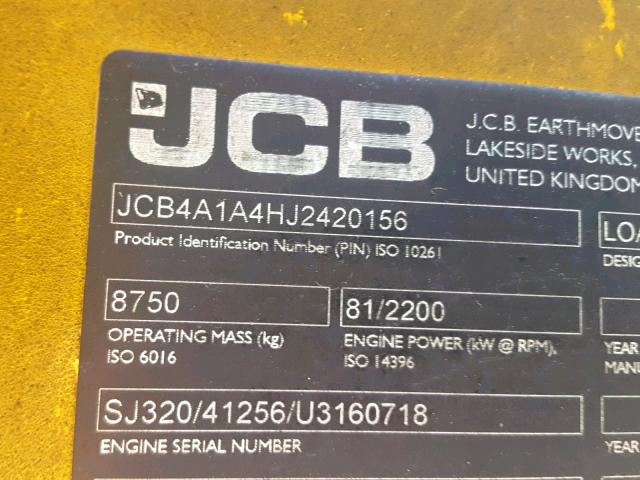 JCB4A1A4HJ2420156 - 2019 JCB LOADER YELLOW photo 10