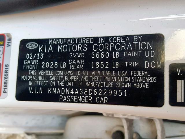 KNADN4A38D6229951 - 2013 KIA RIO EX WHITE photo 10