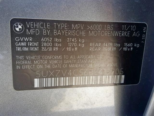 5UXZV4C56BL413905 - 2011 BMW X5 XDRIVE3 SILVER photo 10