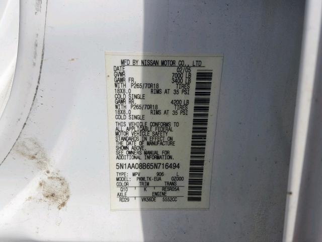 5N1AA08B65N716494 - 2005 NISSAN ARMADA SE WHITE photo 10