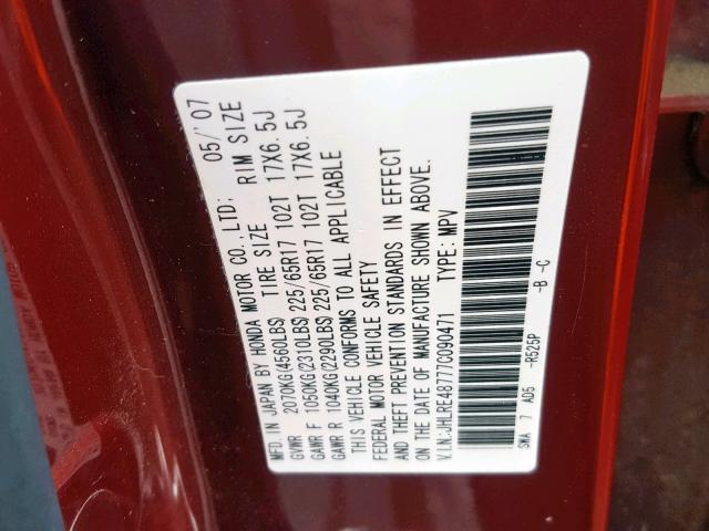 JHLRE48777C090471 - 2007 HONDA CR-V EXL RED photo 10