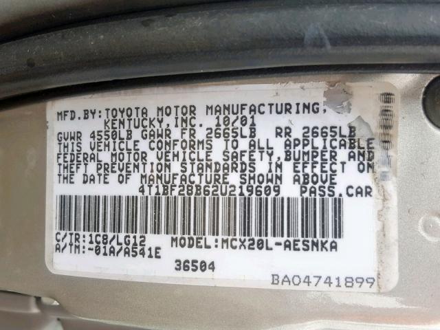 4T1BF28B62U219609 - 2002 TOYOTA AVALON XL SILVER photo 10