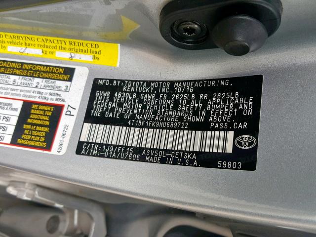 4T1BF1FK9HU689722 - 2017 TOYOTA CAMRY LE SILVER photo 10