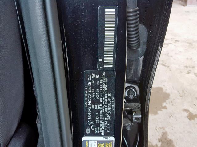 3KPF24AD4KE004592 - 2019 KIA FORTE FE BLACK photo 10