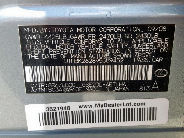 JTHBK262895089452 - 2009 LEXUS IS 250 BLUE photo 10