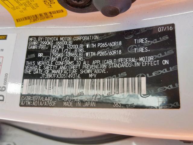 JTJBM7FX3G5149314 - 2016 LEXUS GX WHITE photo 10