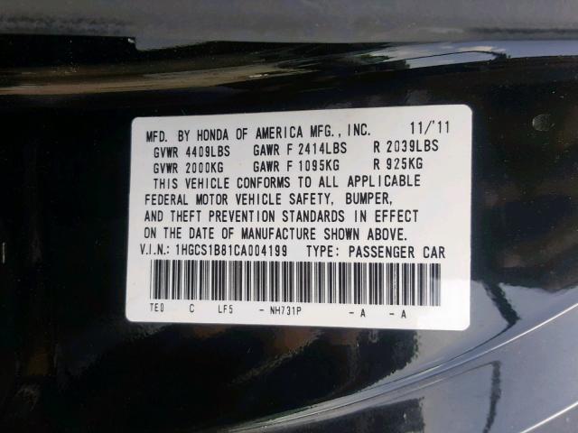 1HGCS1B81CA004199 - 2012 HONDA ACCORD EXL BLACK photo 10