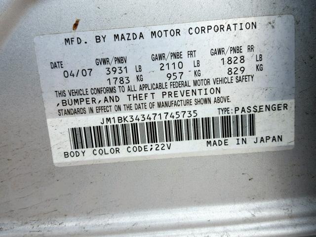 JM1BK343471745735 - 2007 MAZDA 3 HATCHBAC SILVER photo 10