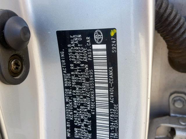 4T1BE46K67U559495 - 2007 TOYOTA CAMRY NEW SILVER photo 10