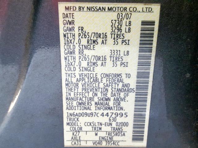 1N6AD09U97C447995 - 2007 NISSAN FRONTIER C GRAY photo 10