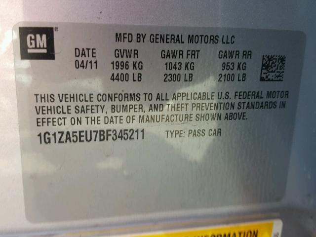 1G1ZA5EU7BF345211 - 2011 CHEVROLET MALIBU LS 银色 照片 10