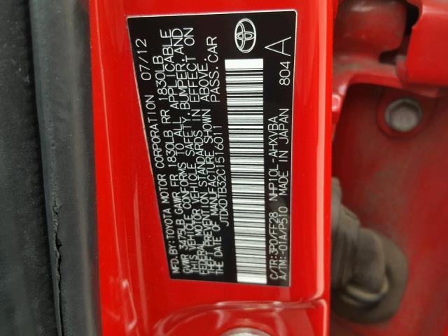 JTDKDTB32C1516011 - 2012 TOYOTA PRIUS C RED photo 10