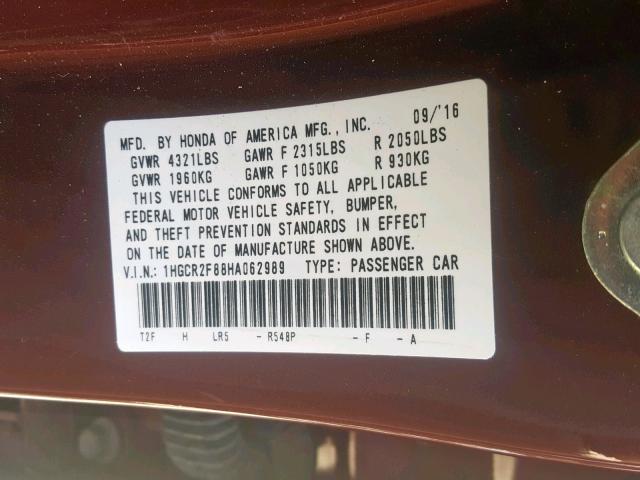 1HGCR2F88HA062989 - 2017 HONDA ACCORD EXL MAROON photo 10