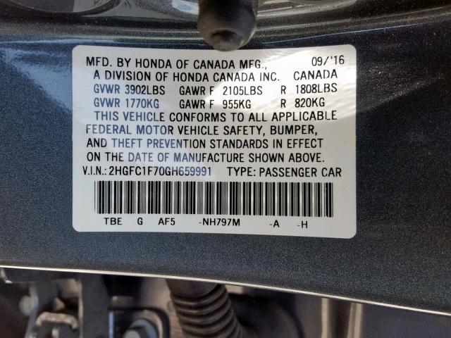 2HGFC1F70GH659991 - 2016 HONDA CIVIC EXL GRAY photo 10